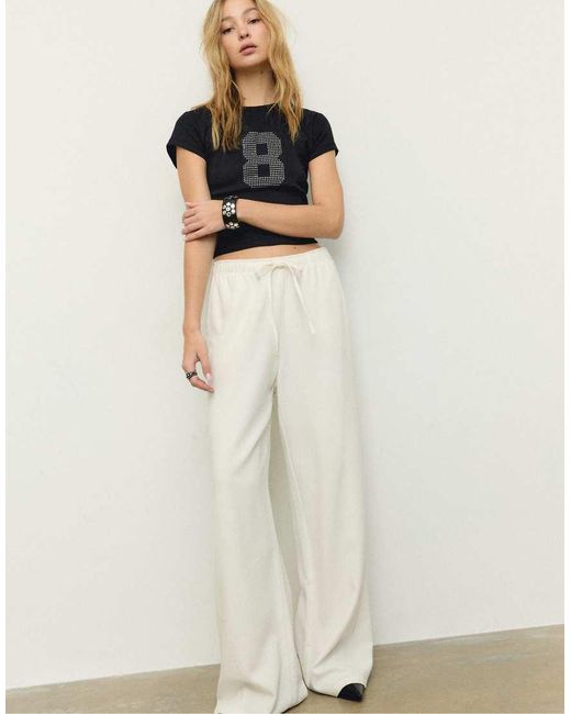 Stradivarius White Flowing Linen Blend Trousers