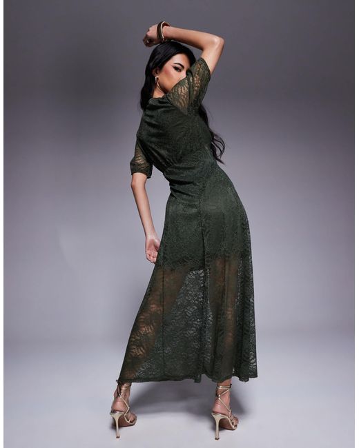 Robe mi-longue en dentelle à col v et manches courtes - kaki ASOS en coloris Green