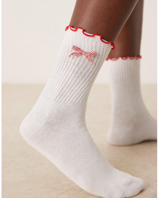 ASOS Natural Frill Top Socks With Gingham Bow