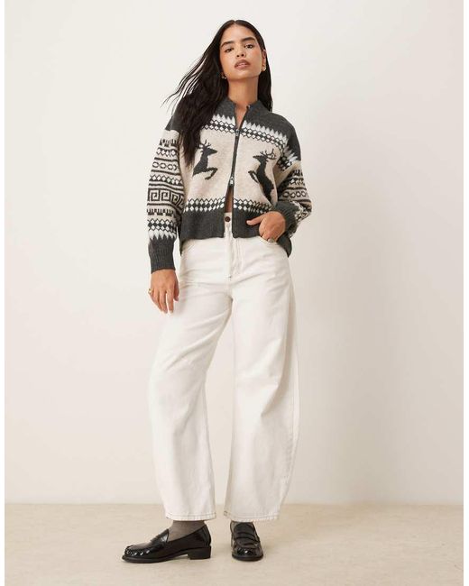 Cardigan Stile Bomber Con Motivo Fair Isle Con Renne di ASOS in Gray