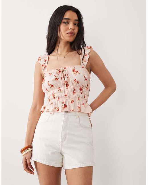 Miss Selfridge White Ditsy Print Shirred Top With Ruffle Sleeve