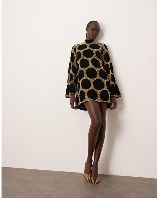 ARRANGE Women's Natural Embellished Spot High Neck Long Sleeve Mini Dress