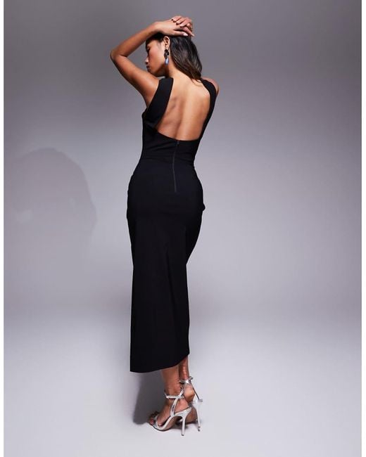 Vesper Blue Bengaline Twist Front Halter Neck Side Split Midaxi Dress