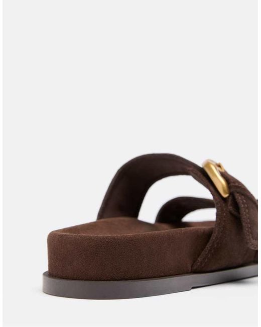 Stradivarius Brown Flat Leather Buckle Sandals
