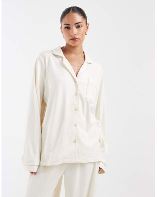 Loungeable Petite White Super Soft Jersey Camp Collar Top And Wide Leg Pants Pajama Set