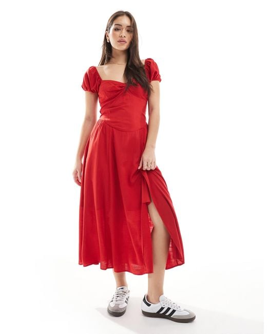Hollister Off Shoulder Sweetheart Midaxi Dress With High Thigh Split in Red  | Lyst