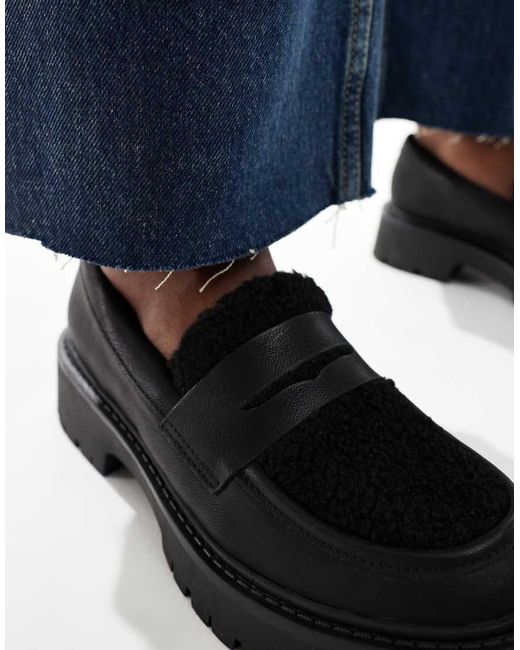 London Rebel Blue Olivia Contrast Teddy Fur Chunky Loafers