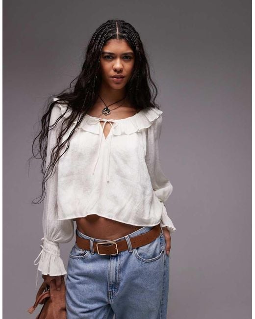 TOPSHOP Gray Ruffle Neck Femme Top
