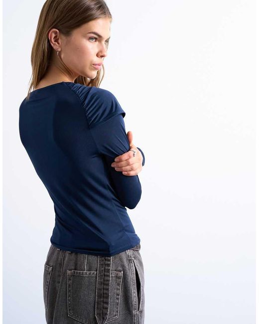 TOPSHOP Blue Microfibre Draped Long Sleeve Top