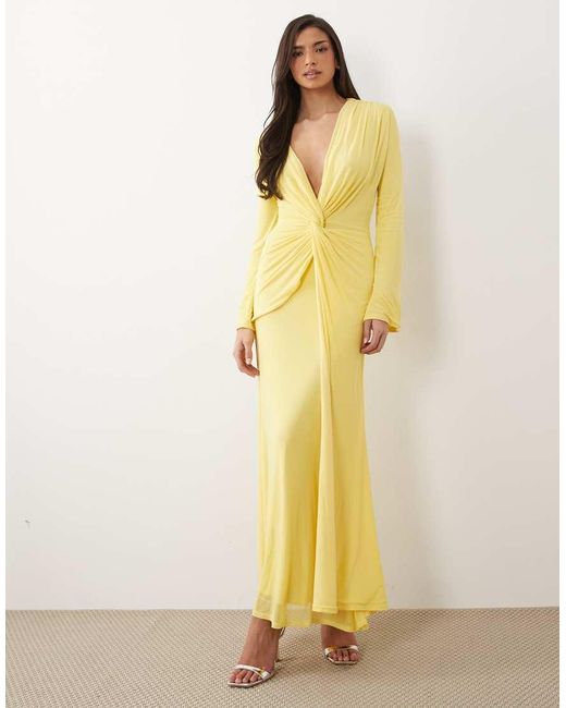 ASOS Yellow Mesh Deep Plunge Long Sleeve Maxi Dress With Twist Knot Detail