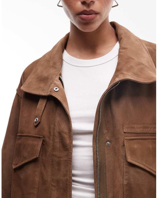 AllSaints Blue Clay Funnel Neck Cropped Suede Jacket