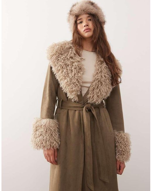 Reclaimed Vintage Brown Longline Suede Look Trench Coat With Faux Fur Collar And Cuffs