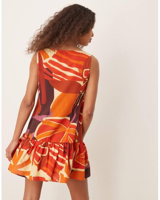 ASOS Orange Button Down Dropped Waist Mini Dress With Straight Neck