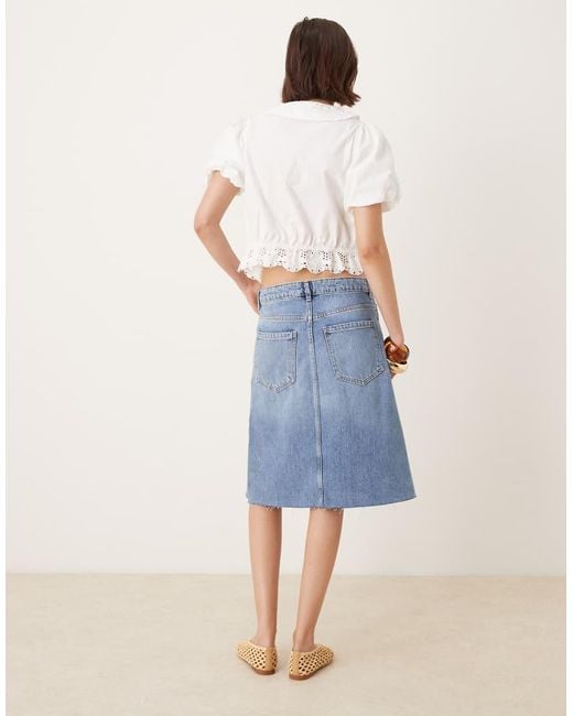 Falda Vaquera Midi Por La Rodilla Con Abertura Delantera De Mango de color Blue