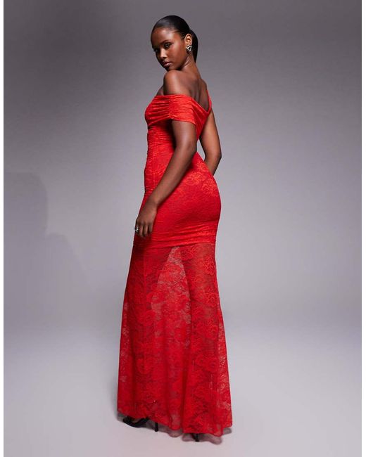 Kaiia Red Exclusive Double Laye Slinky Lace Asymmetric One Shoulder Sheer Hem Maxi Dress