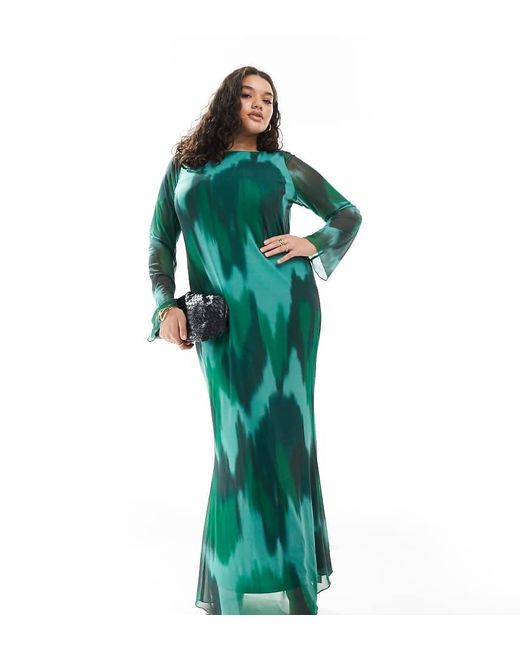 Vero Moda Maxi-Jurk Van Mesh Met Lange Mouwen En Abstracte Print in het Green