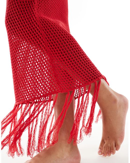 Missy Empire Red Crochet Lowrise Fringe Hem Maxi Skirt Co-ord