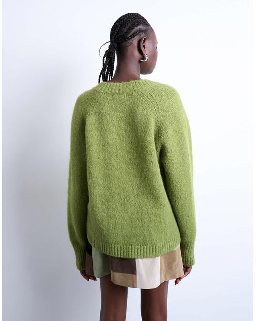 TOPSHOP Green Knitted Wool Blend Fluffy V Neck Jumper