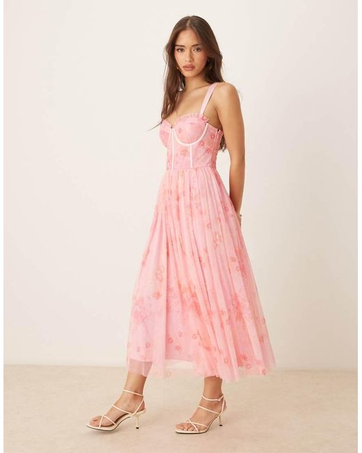 LACE & BEADS Pink Tulle Corset Midi Dress