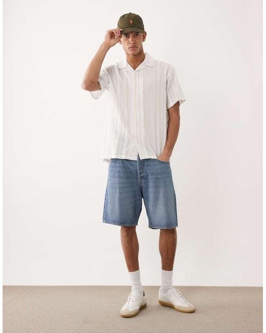 Jack & Jones White Premium Linen Blend Short Sleeve Shirt With Green Stripes for men