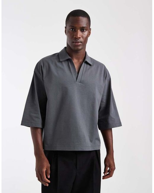 ASOS Black Heavyweight Boxy Oversized Polo With Half Sleeve for men
