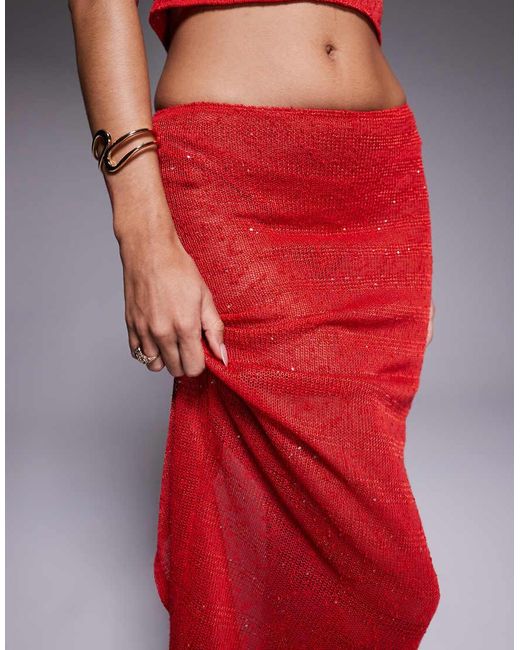 South Beach Red Knitted Sequin Maxi Skirt