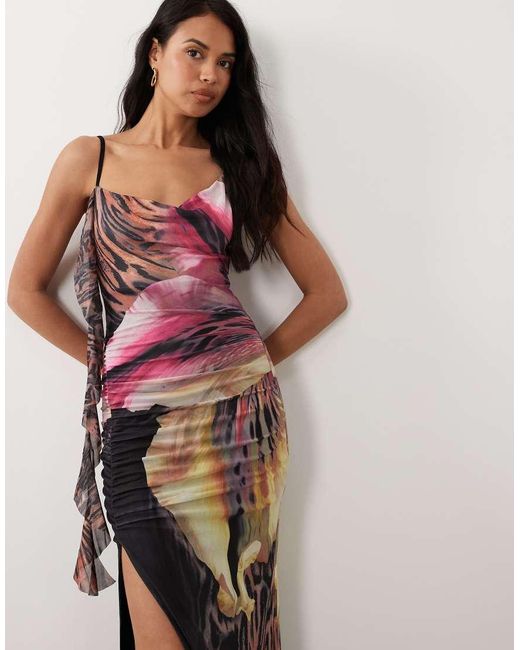 Murci Purple Premium Mesh Cowl Detail Drape Thigh Slit Maxi Dress