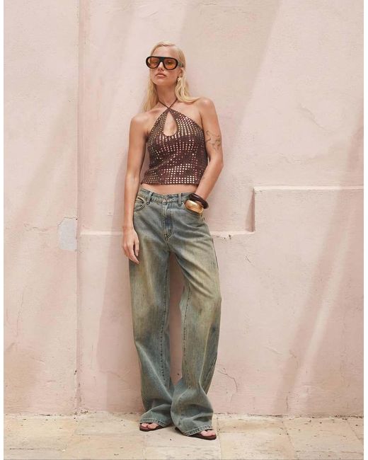 Motel Natural Kelabu Keyhole Detail Halter Neck Sequin Top Co-ord