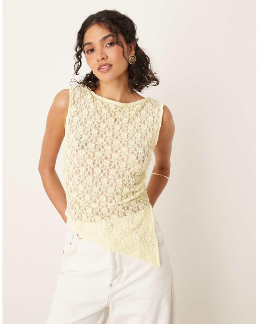 ASOS Natural Ruched Side Asymmetric Flare Sleeve Sheer Lace Top
