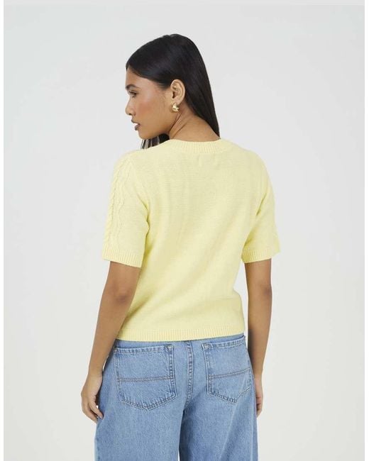 Brave Soul Yellow Short Sleeve Cable Knit Cardigan With Shell Buttons