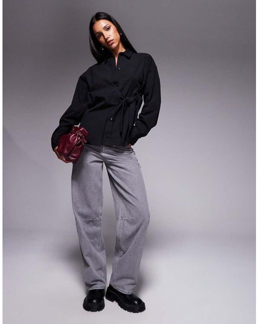 ASOS Gray Cinch Overwrap Bow Detail Oversized Shirt