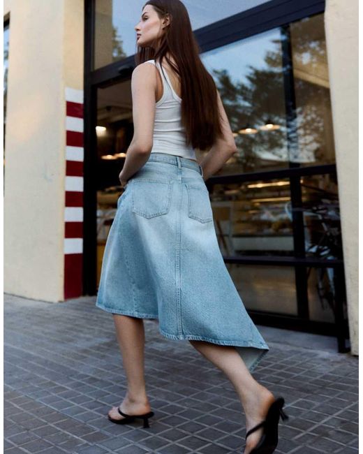 Bershka Blue Asymmetric Denim Midi Skirt