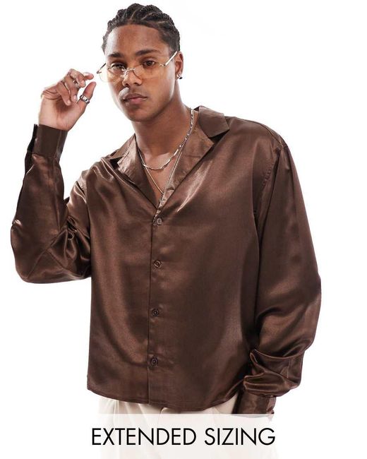 ASOS Brown Boxy Oversized Satin Shirt for men