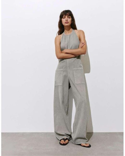 Pull&Bear Gray Long baggy Dungarees