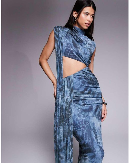 ASOS Blue Printed Mesh Drape Cut Out Maxi Dress