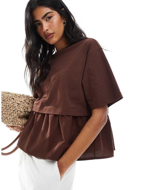 Miss Selfridge Brown Poplin Mix Ruffle Hem T-shirt