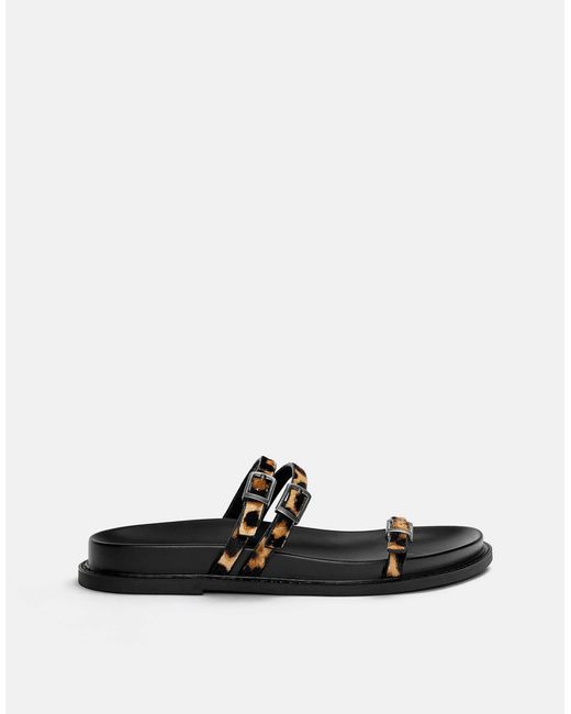 Pull&Bear Black – flache slider aus leder mit leopardenmuster
