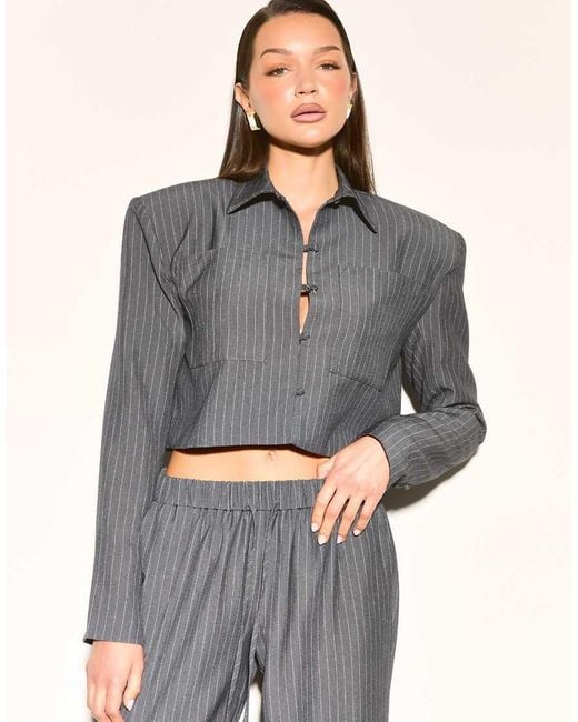 Noughts & Kisses Gray Velora Pinstripe Cropped Shirt