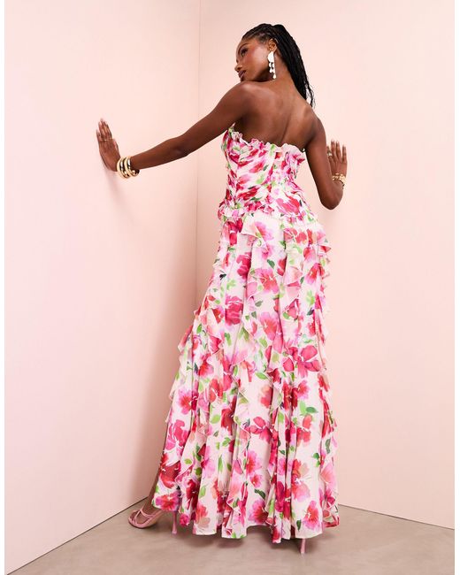 ASOS Pink Organza Ruched Bandeau Maxi Dress With Ruffle Skirt