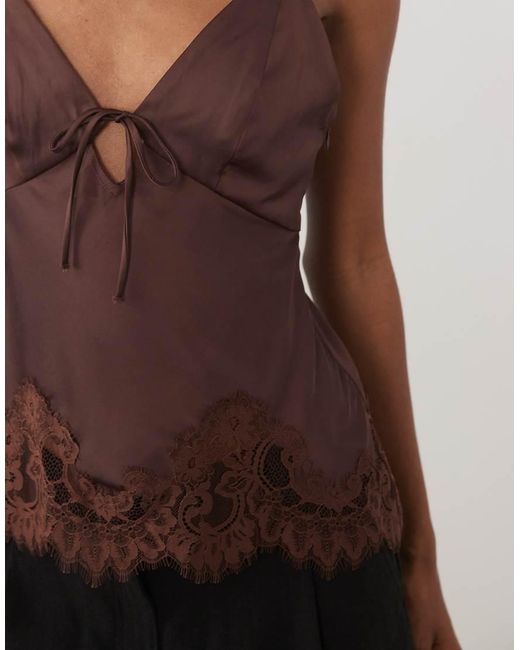 Abercrombie & Fitch Brown Tie Front Lace Trim Satin Cami