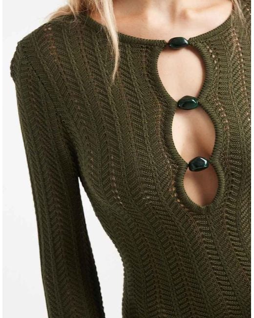 4th & Reckless Green Knitted Keyhole Bead Detail Flare Sleeve Maxi Beach Dress