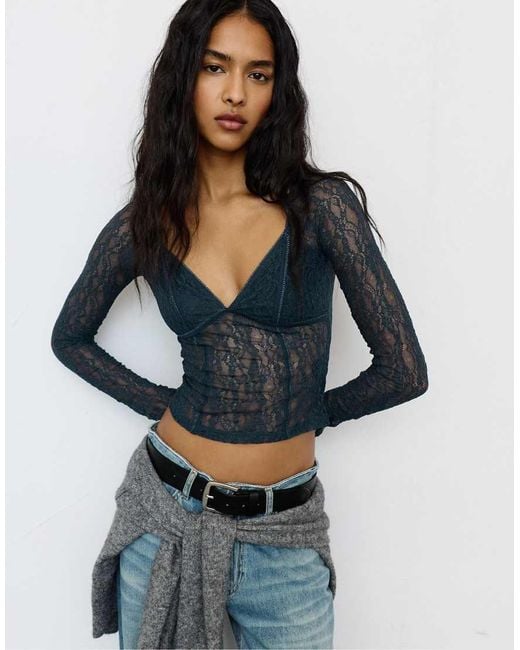 Pull&Bear Top Van Kant Met Korset in het Blue