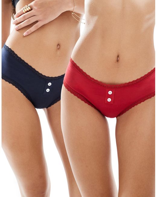 ASOS Red 2 Pack Hipster Boyshort Briefs With Lace Trim And Buttons