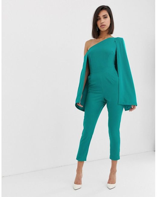 Lavish Alice One Shoulder Cape Tailored Jumpsuit in Green | Lyst
