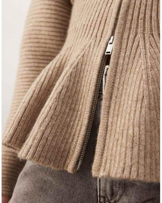 Monki Natural Double Zip Cinch Cardigan With Peplum Hem