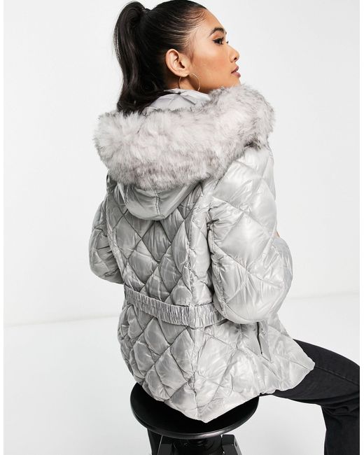 River Island Belted Patent Quilted Padded Jacket With Faux Fur Hood in Grey Lyst UK