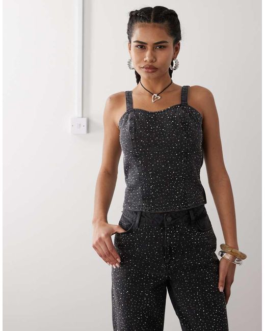 Noisy May White Denim Corset Top With Rhinestones