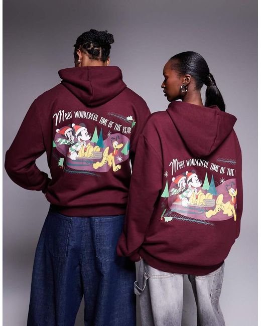 ASOS Red Disney Christmas Unisex Relaxed Hoodie With Mickey & Friends Prints