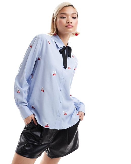 Sister Jane Blue Cherry Embroidered Bow Shirt