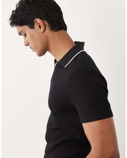 ASOS Black Slim Notch Polo With Contrast Tipping for men
